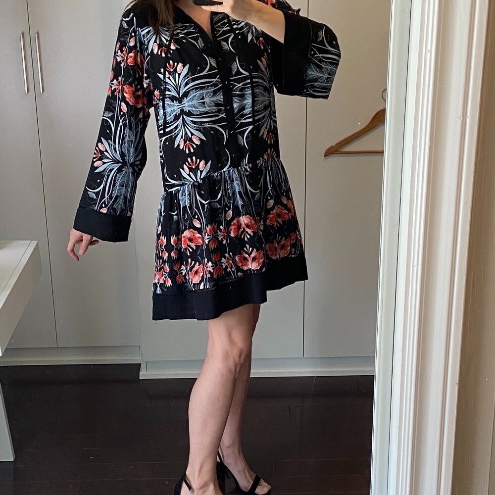 Sabina Musayev Long Sleeve Mini Dress in Black and Floral Print EUC
